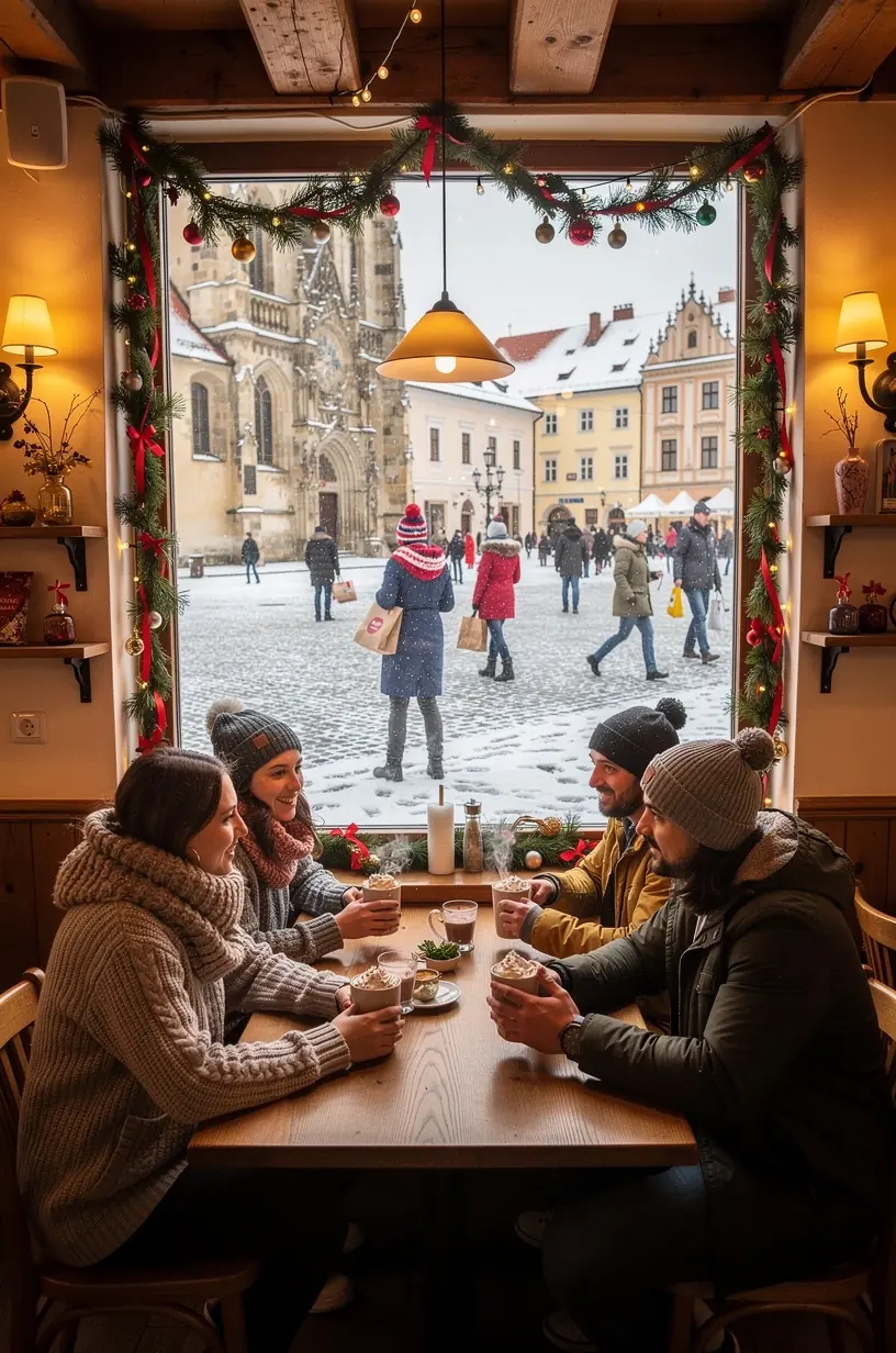 Detail zasneženej horskej chaty s drevenými prvkami a dymiacim komínom v pozadí.